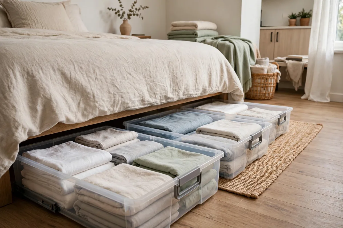 Under-bed storage boxes hiding clothes in a studio apartment