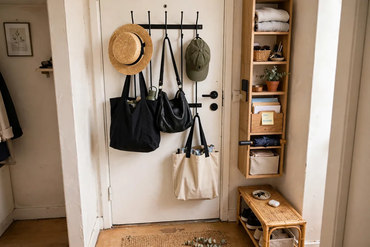 Over-door hooks holding bags and robes in a small studio entryway