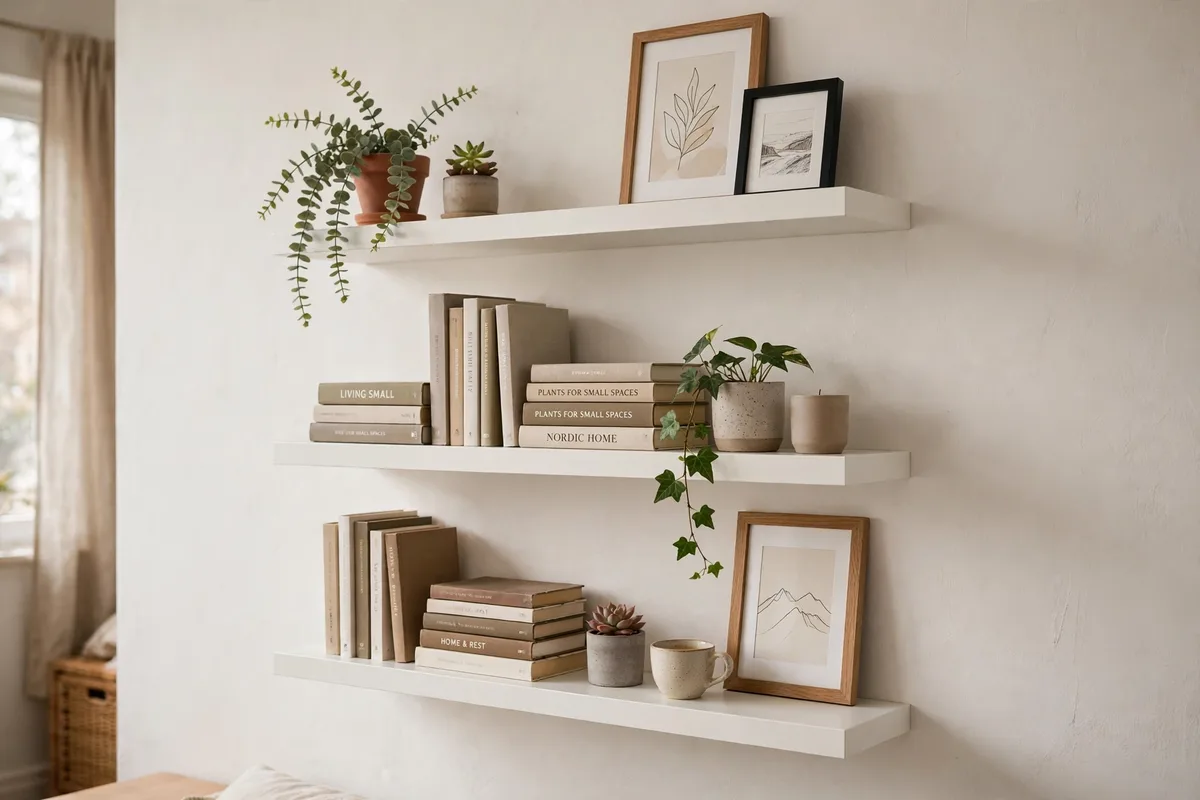 IKEA LACK floating shelves displaying books and plants in a studio