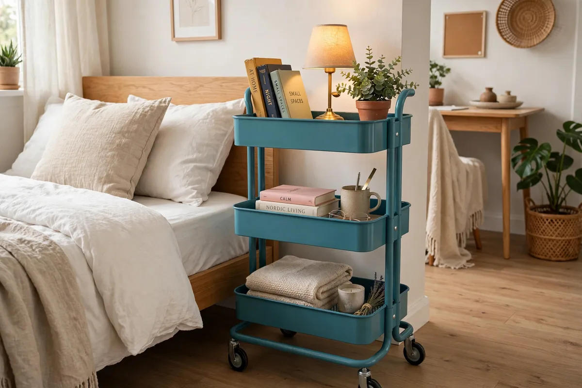 IKEA RASKOG rolling cart as nightstand and kitchen storage in a studio