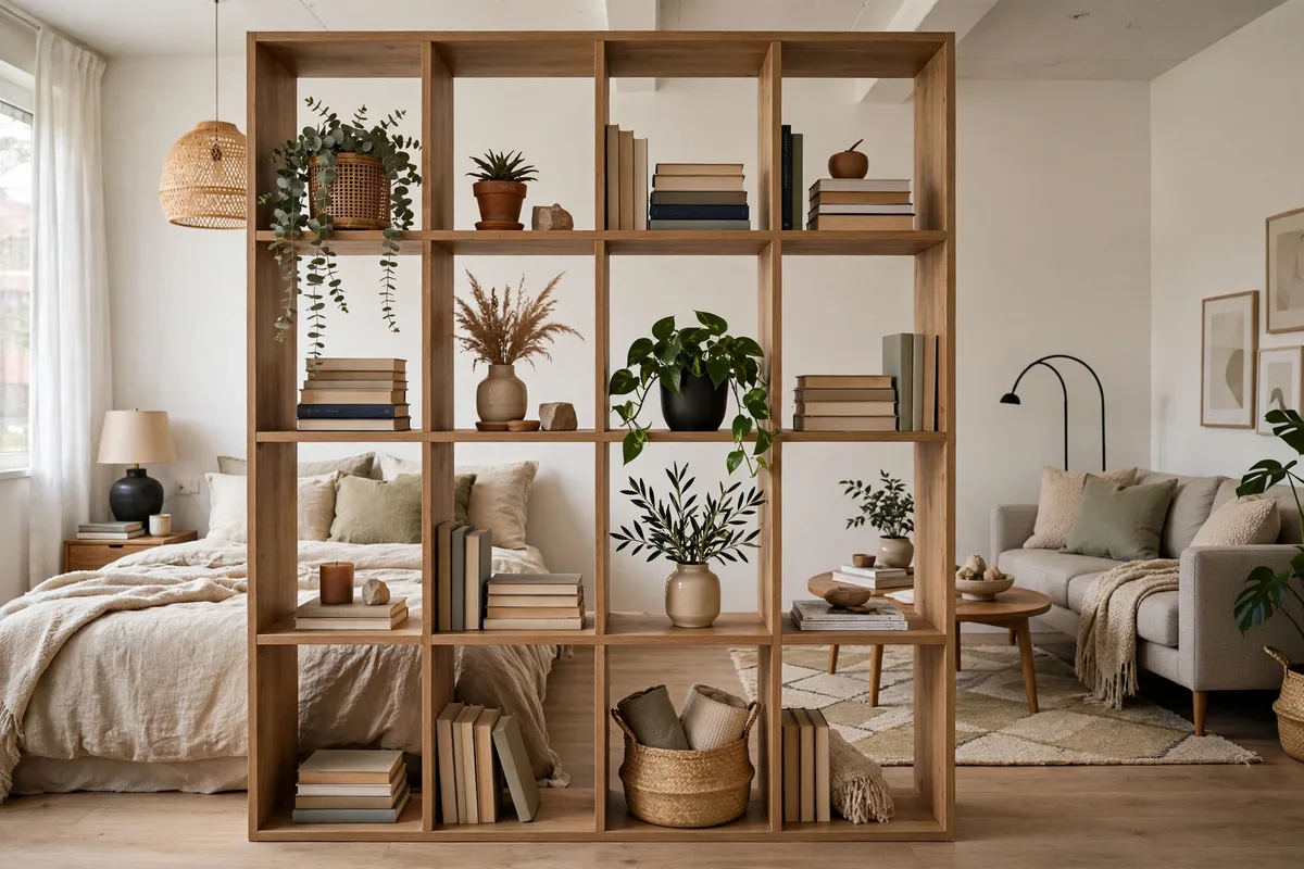 Open bookshelf doubling as room divider in a studio apartment layout
