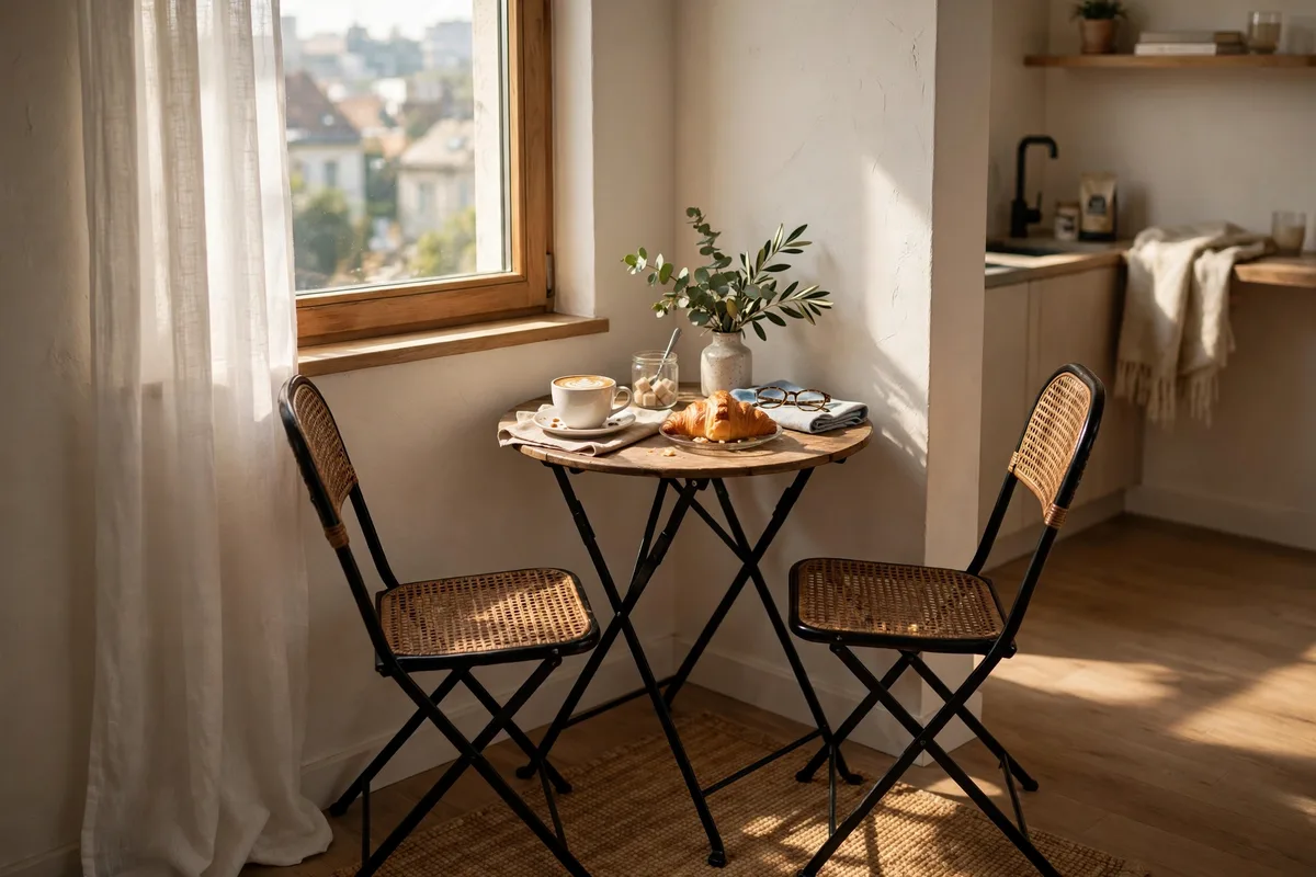 Small folding bistro table creating a dining nook in a studio