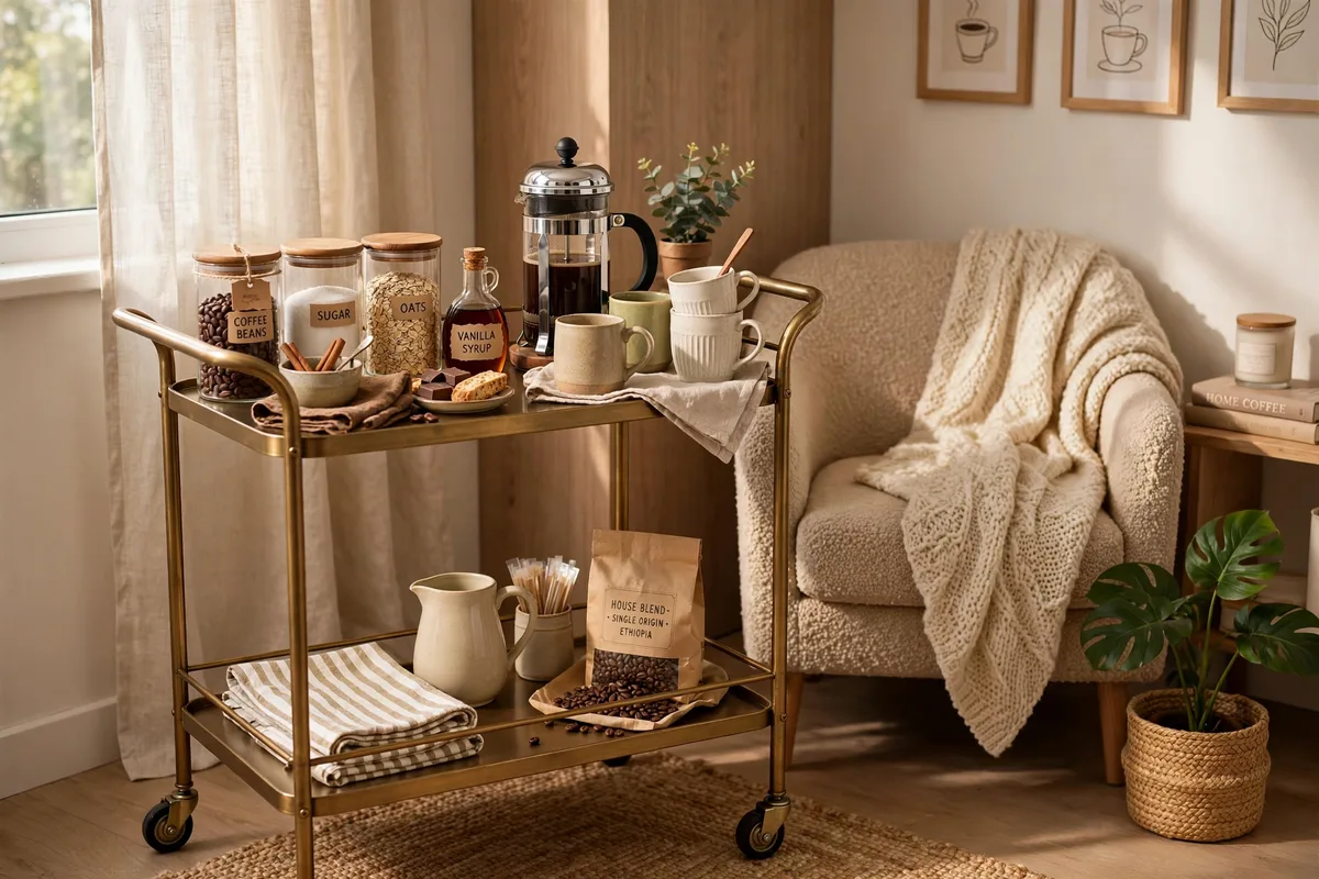 Thrifted bar cart styled as coffee station in a studio kitchen corner