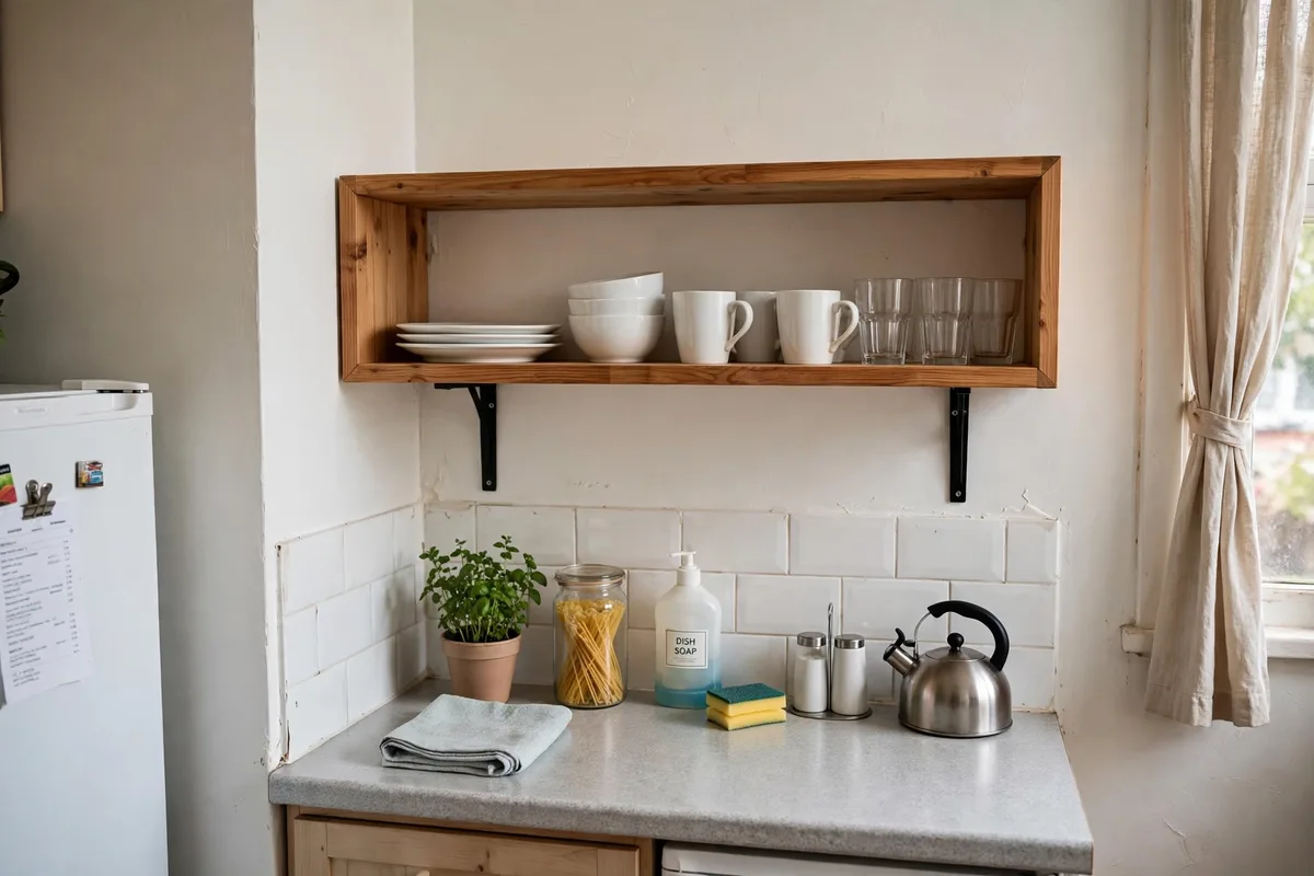 Open kitchen shelf with matching dishes in a small studio kitchenette