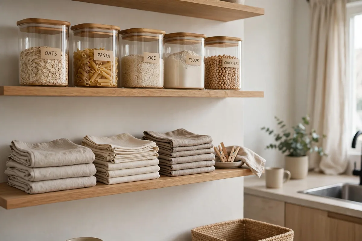 Matching food containers and dish towels tidying a budget studio kitchen