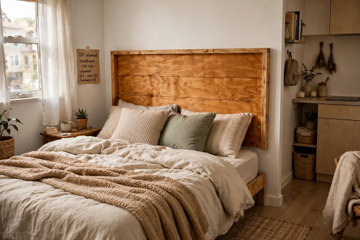 DIY plywood headboard painted behind bed in a budget studio bedroom zone