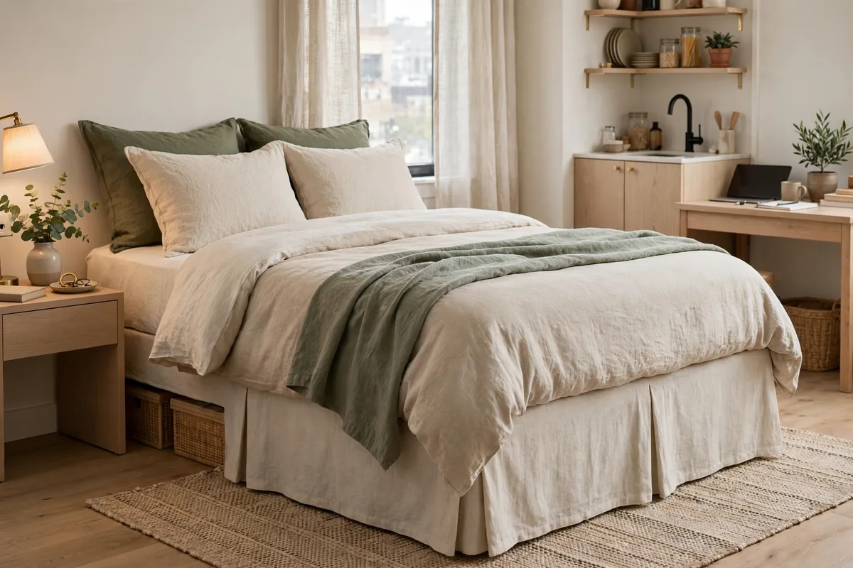 Bed skirt hiding under-bed storage boxes in a studio apartment