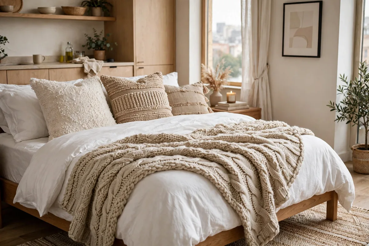 Crisp white bedding with textured throw on a studio apartment bed