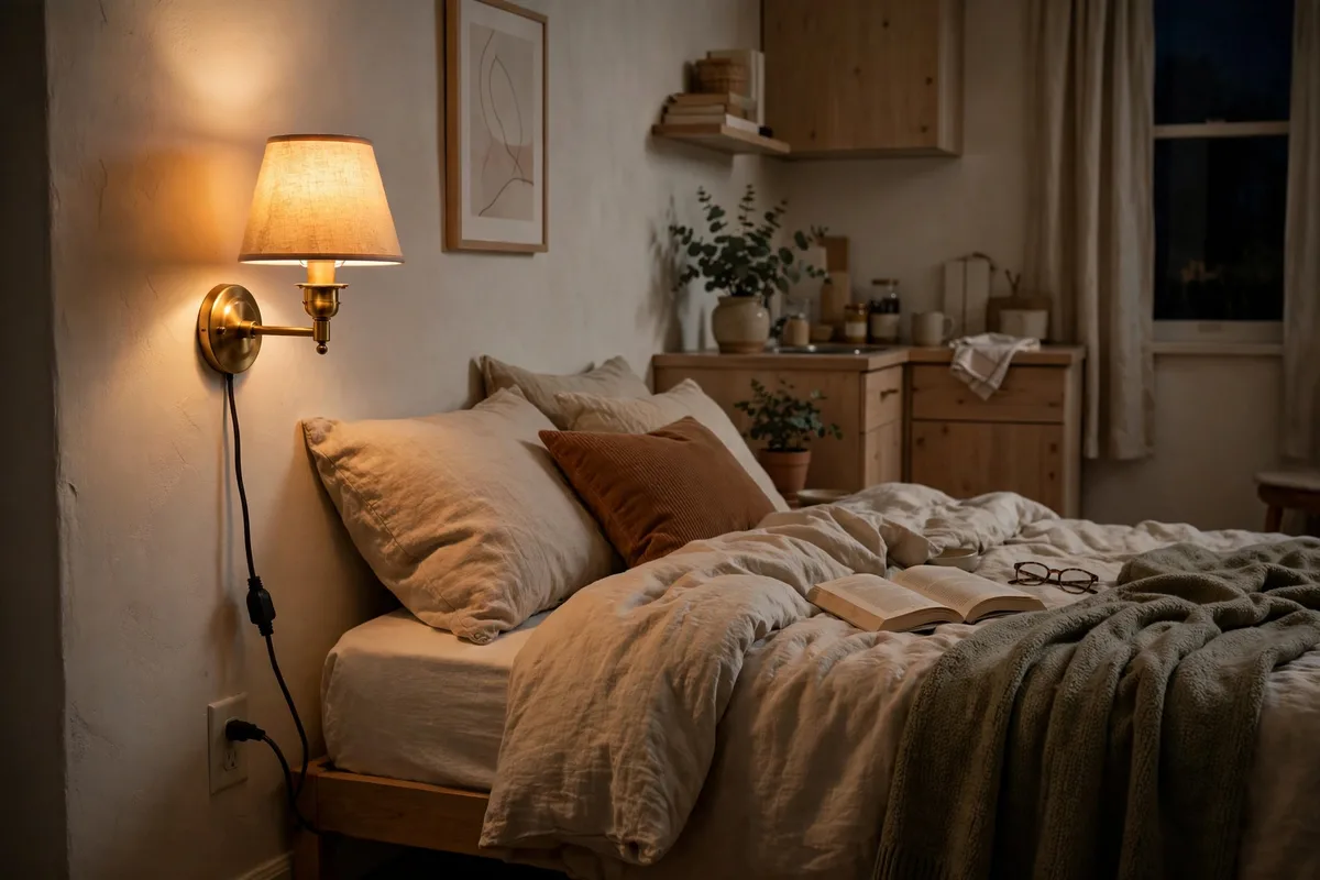 Plug-in wall sconce as bedside light in a studio sleeping nook