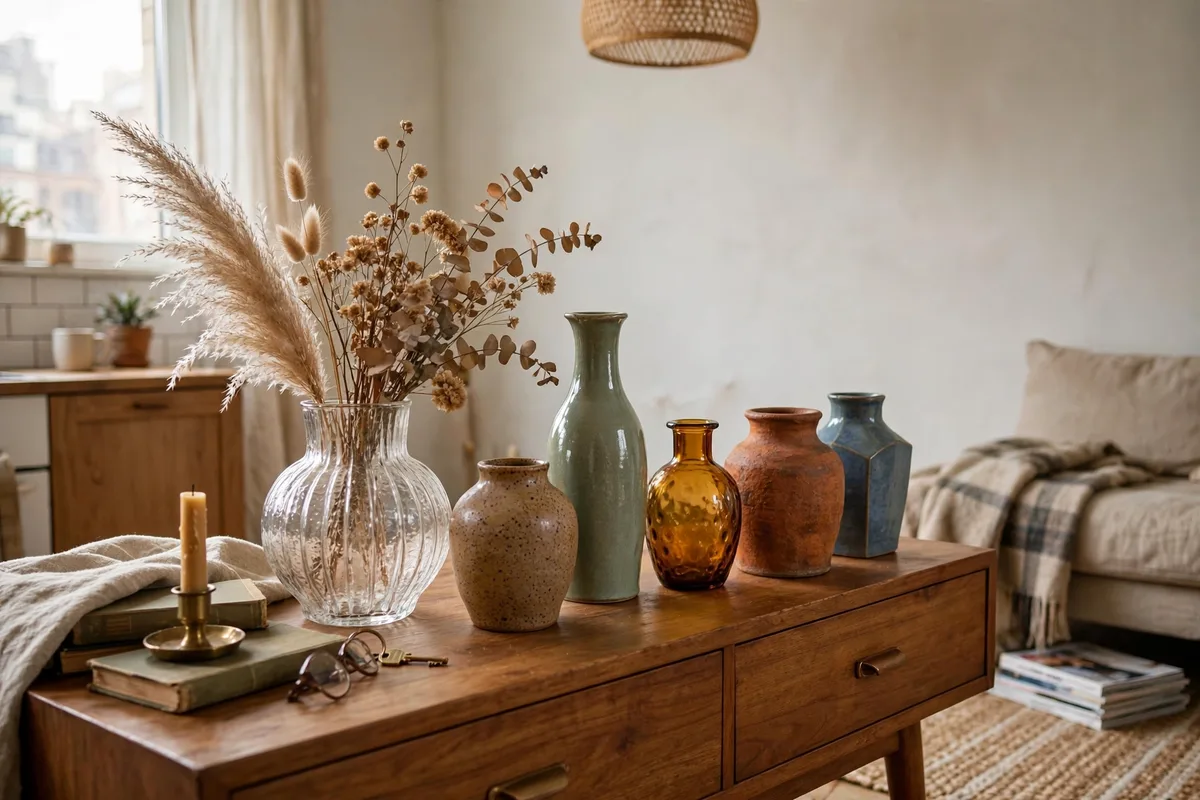 Thrifted glass vases styled on a shelf in a budget studio apartment