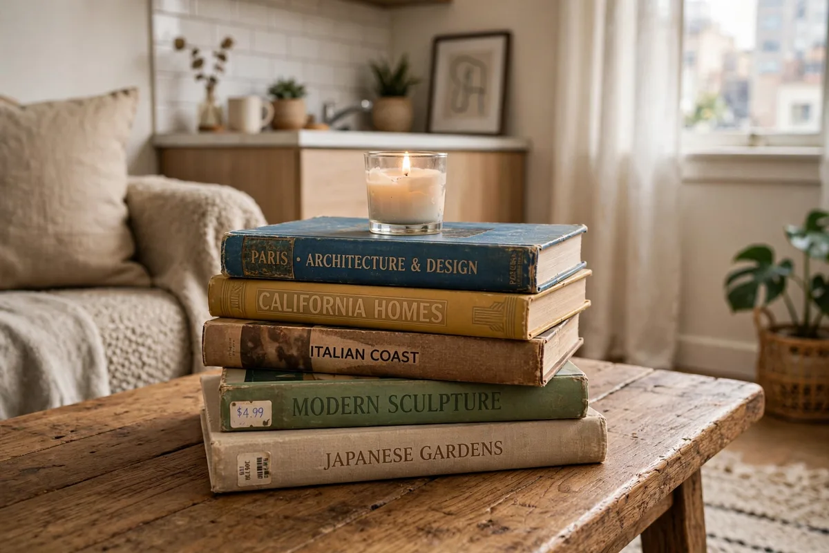 Thrifted coffee table books stacked on a studio ottoman