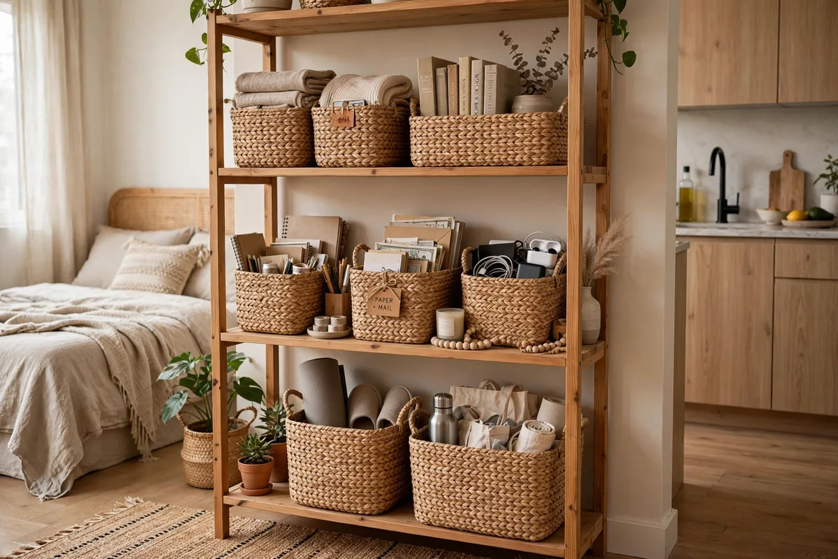 Woven seagrass baskets organizing blankets in a budget studio