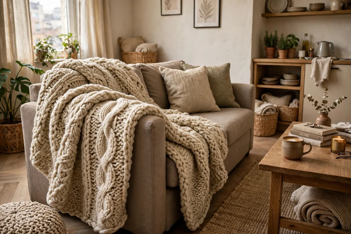 Chunky knit throw blanket draped over a studio sofa