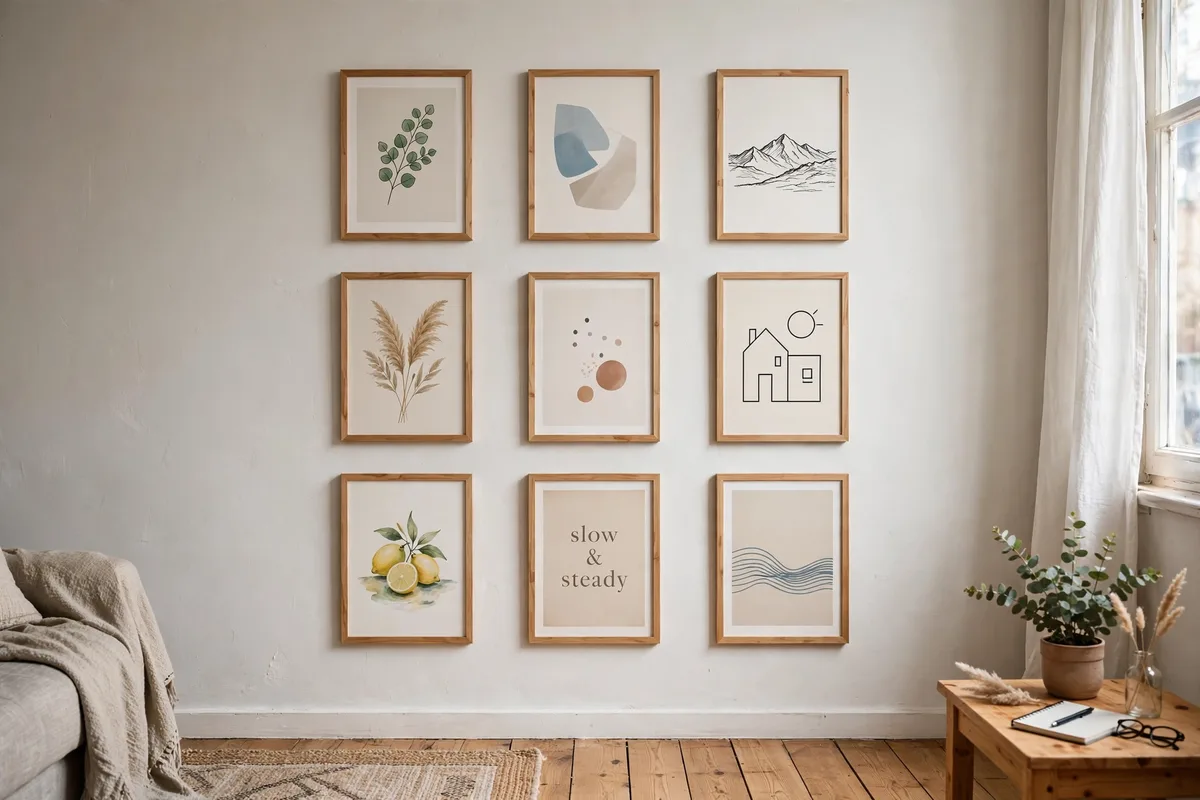 Affordable art prints in thrifted frames on a studio apartment wall