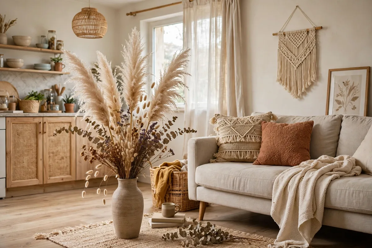 Dried pampas grass in a vase adding texture to a budget studio
