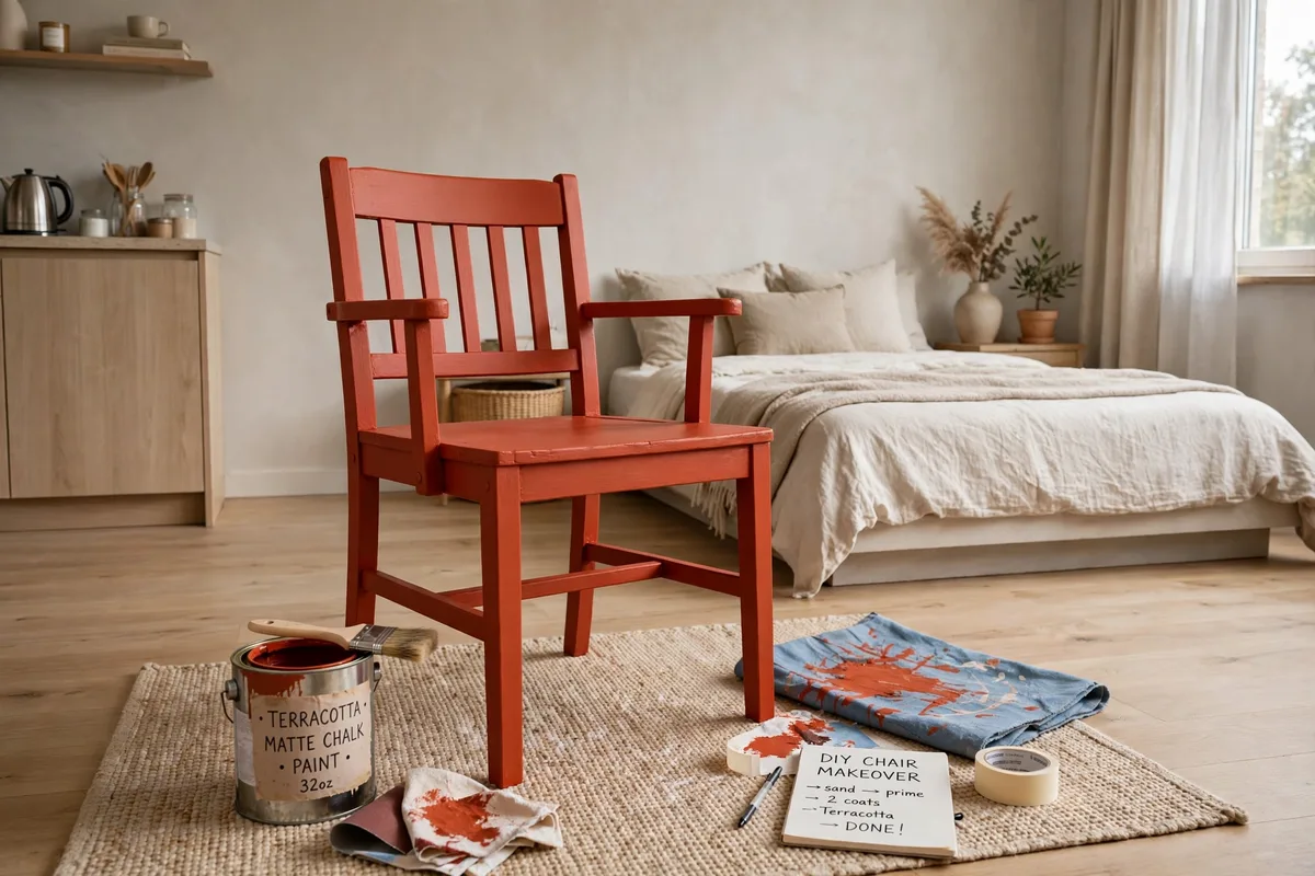 Thrifted side table painted sage green in a studio apartment