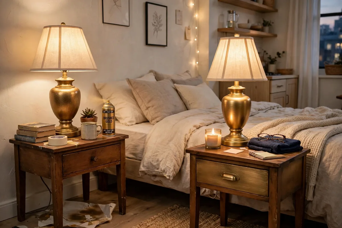 Spray-painted lamp base in matte black on a studio nightstand