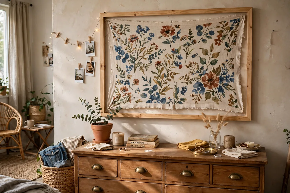 Framed fabric swatch as wall art in a budget studio apartment