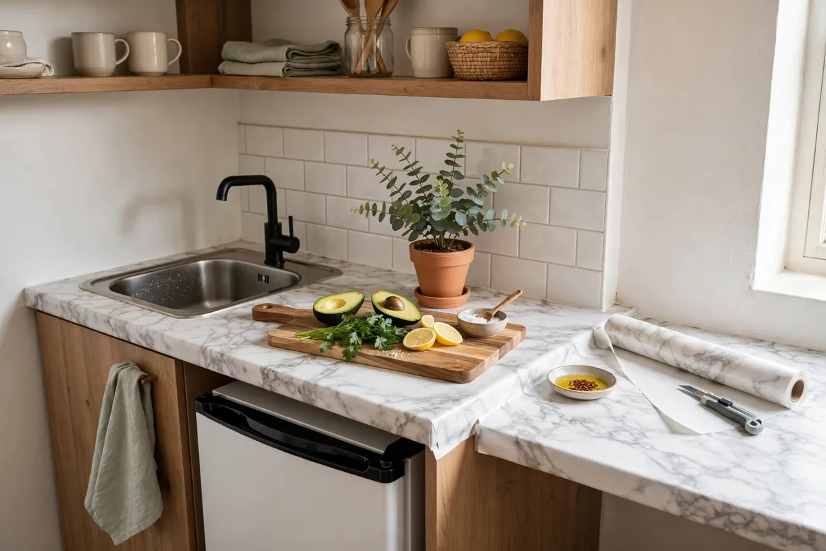 Marble contact paper refreshing a studio kitchenette countertop