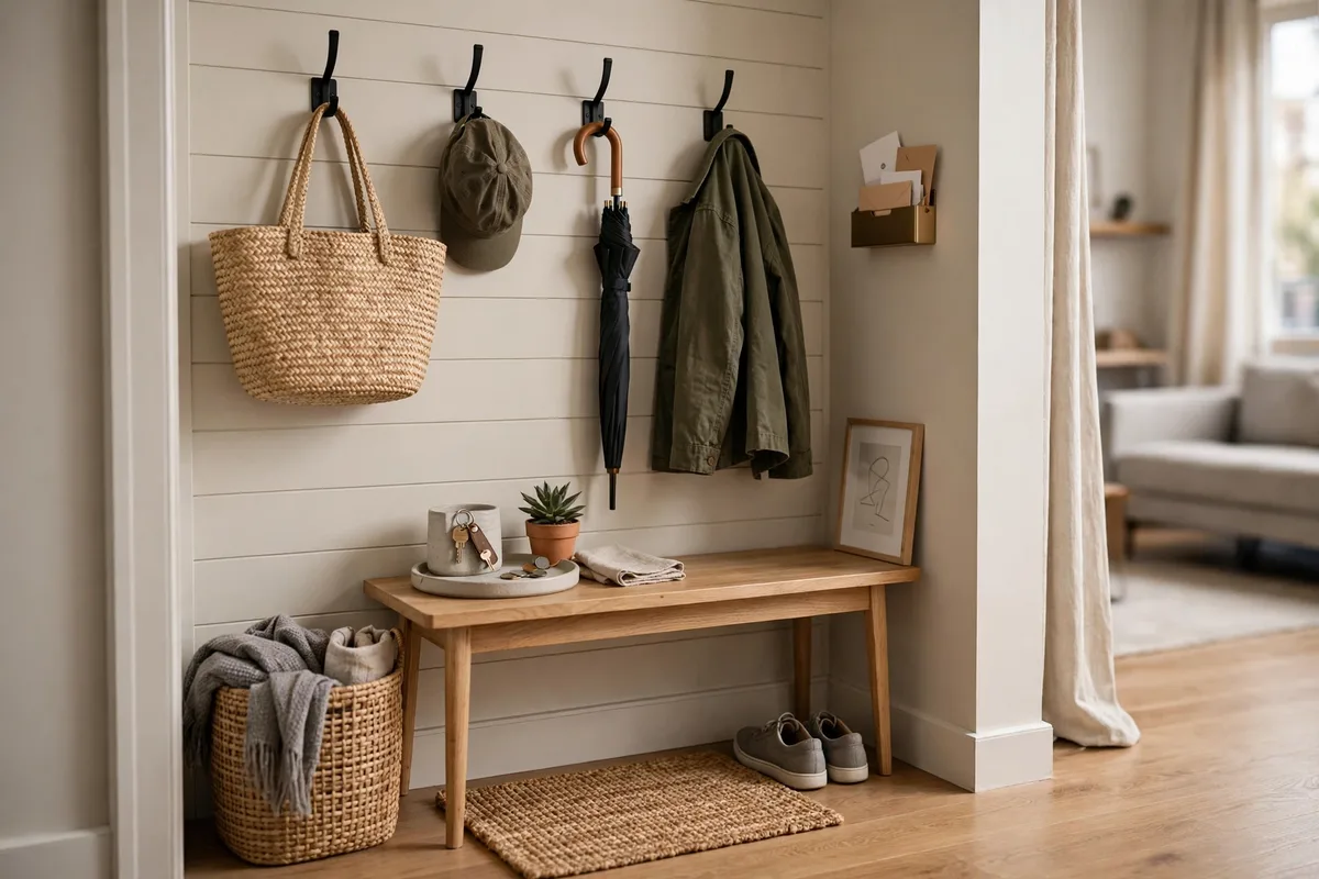 Small entryway drop zone with hooks and rug in a studio apartment