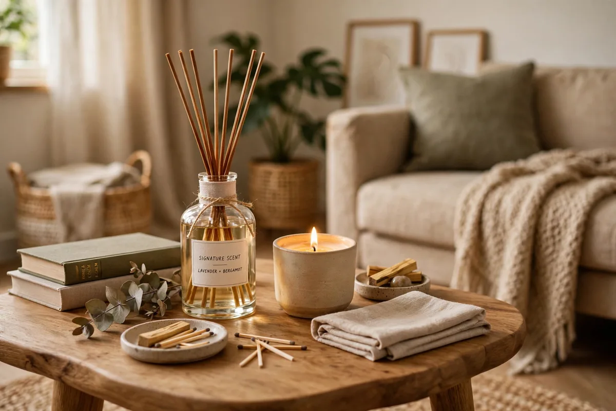 Reed diffuser adding signature scent to a cozy studio apartment