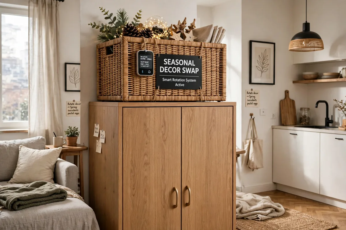 Labeled storage bin for seasonal decor swaps in a studio closet