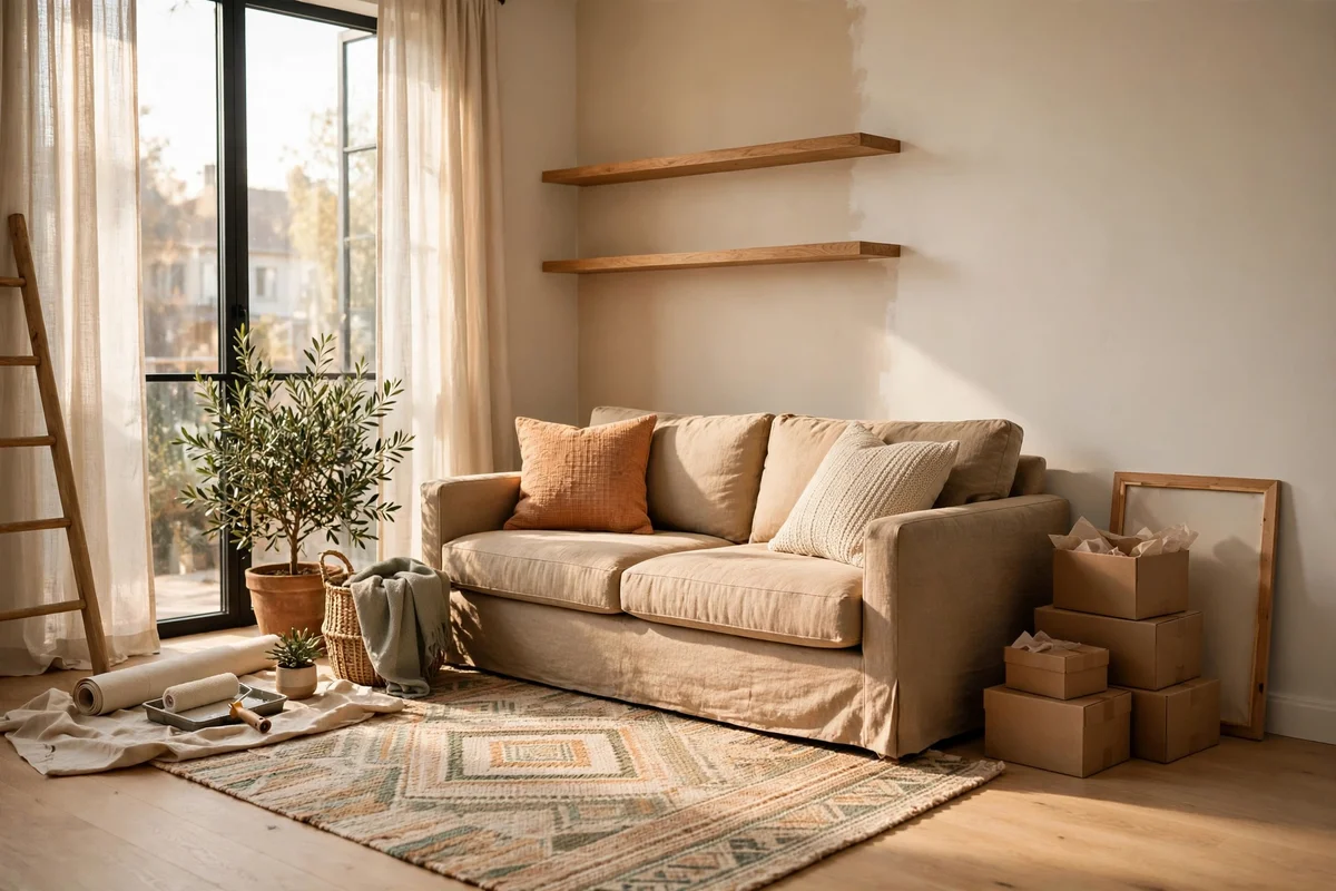 Studio apartment living room decorated gradually in stages with labeled boxes showing thoughtful layering