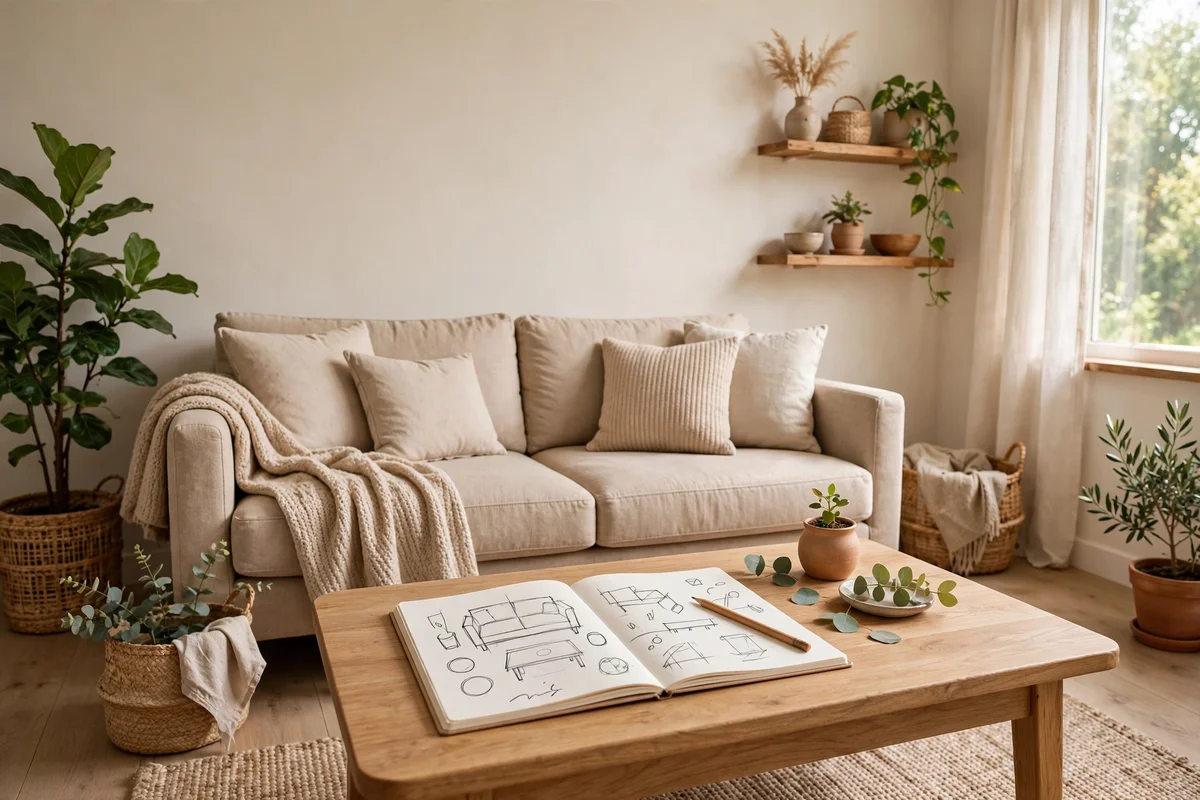 Styled small living room with a decorating budget plan notebook on the coffee table