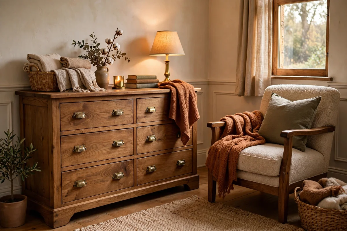 Sturdy solid wood dresser and quality armchair built to last in a small bedroom