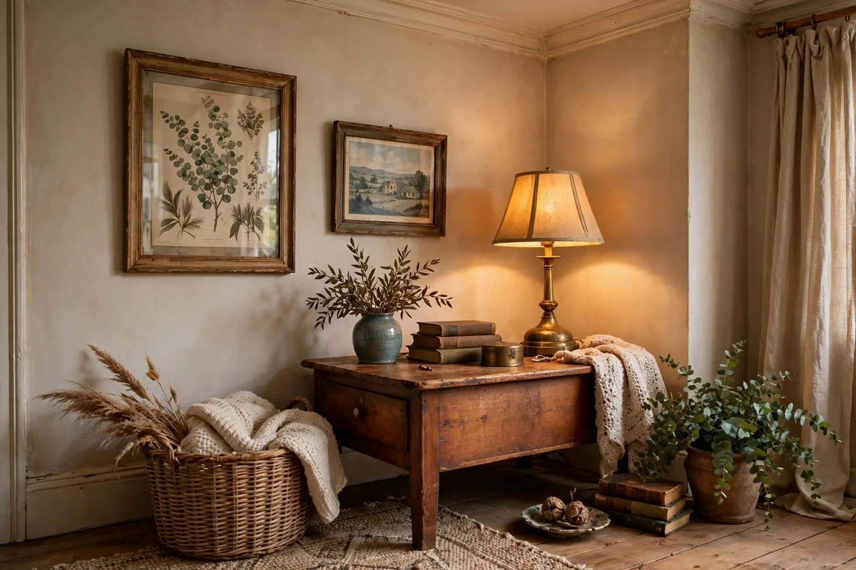 Living room corner styled with vintage thrifted brass lamp and secondhand wooden side table