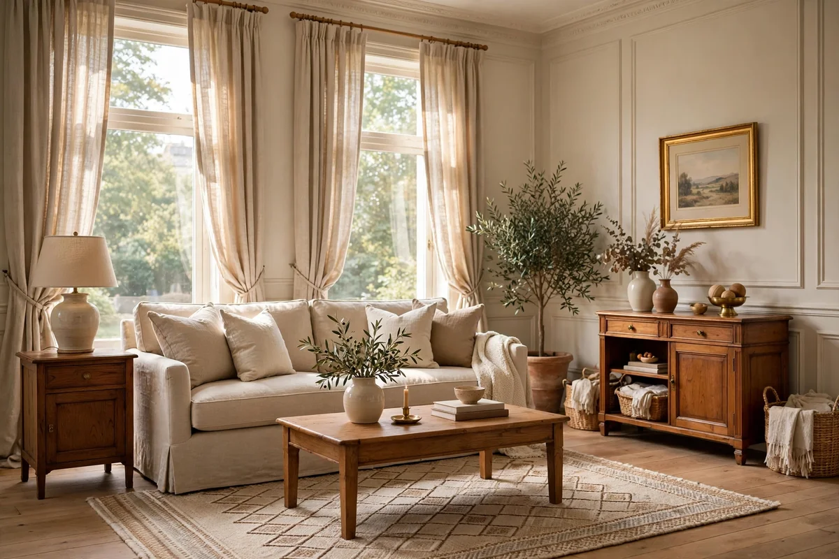 Timeless elegant living room with classic neutral sofa and wooden furniture that never goes out of style