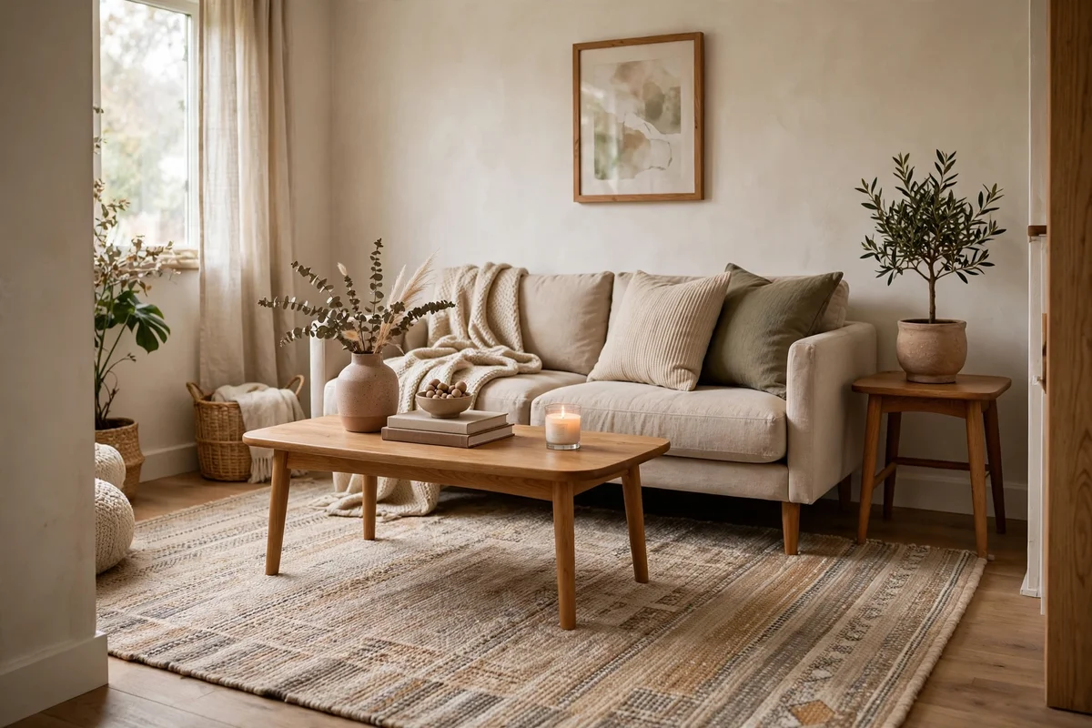 Small living room with a properly sized large area rug anchoring the sofa and coffee table