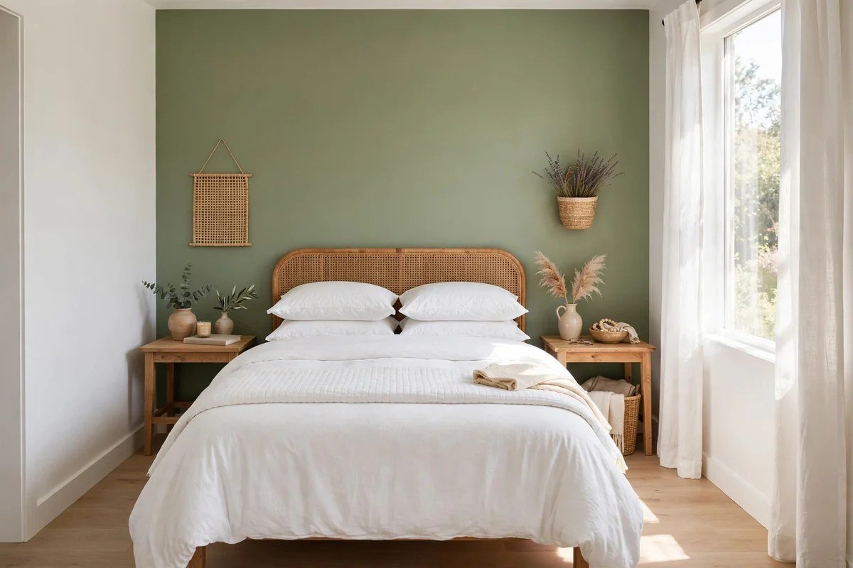 Small bedroom with a freshly painted warm sage green accent wall behind the bed