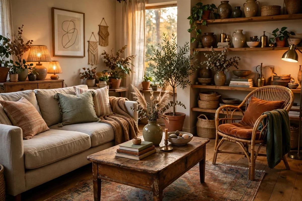 Collected living room with mixed furniture styles, vintage coffee table and modern sofa