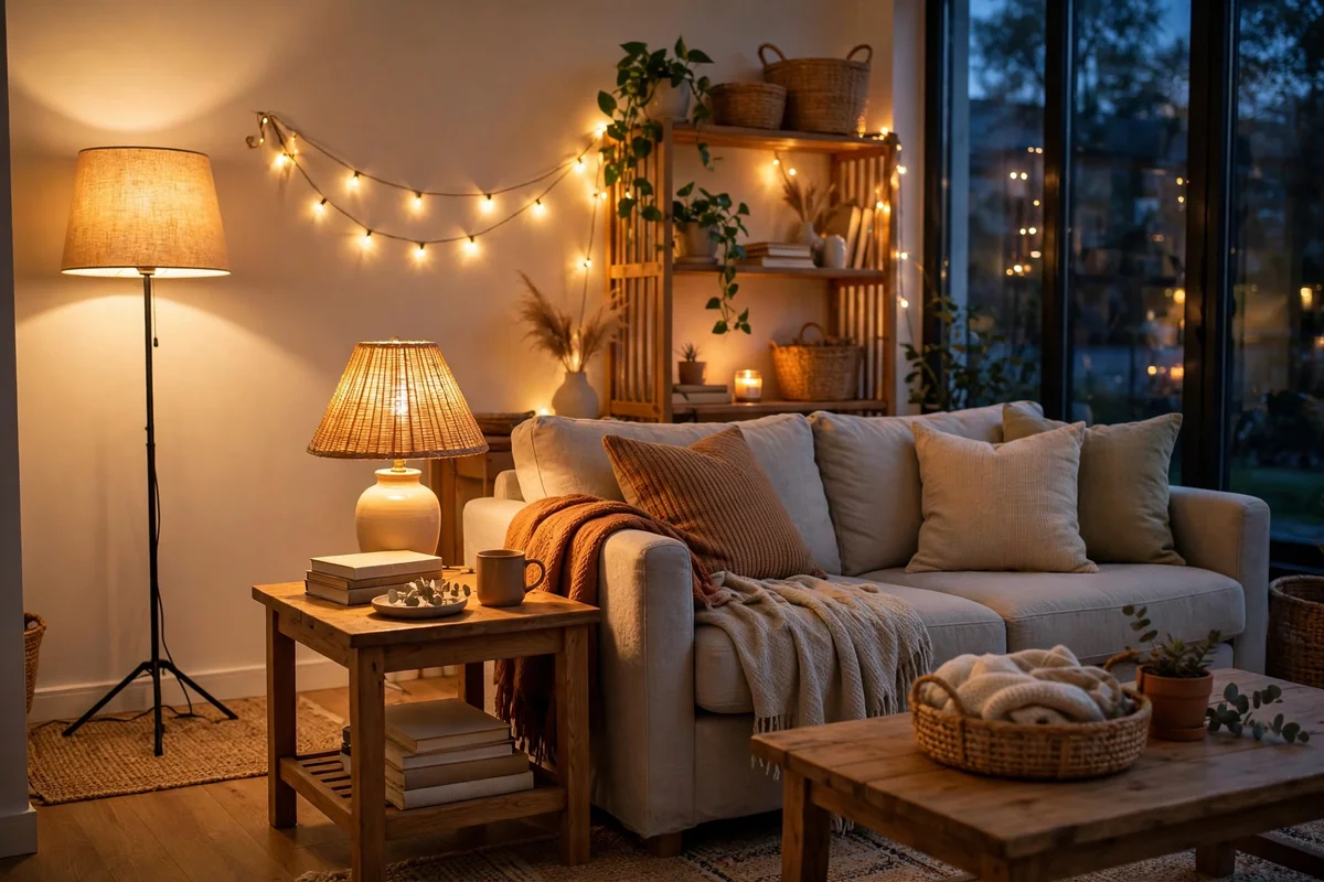 Cozy living room glowing with warm layered lighting from affordable lamps in the evening