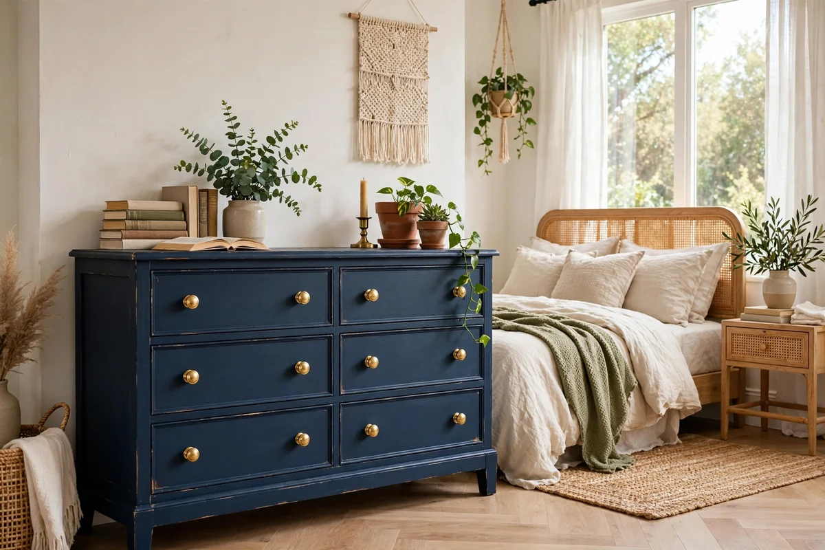 Bedroom featuring a DIY painted navy dresser with new brass knobs looking high-end