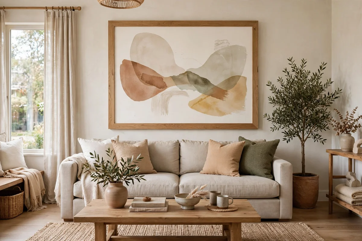 Living room with a large properly scaled statement art print above the sofa