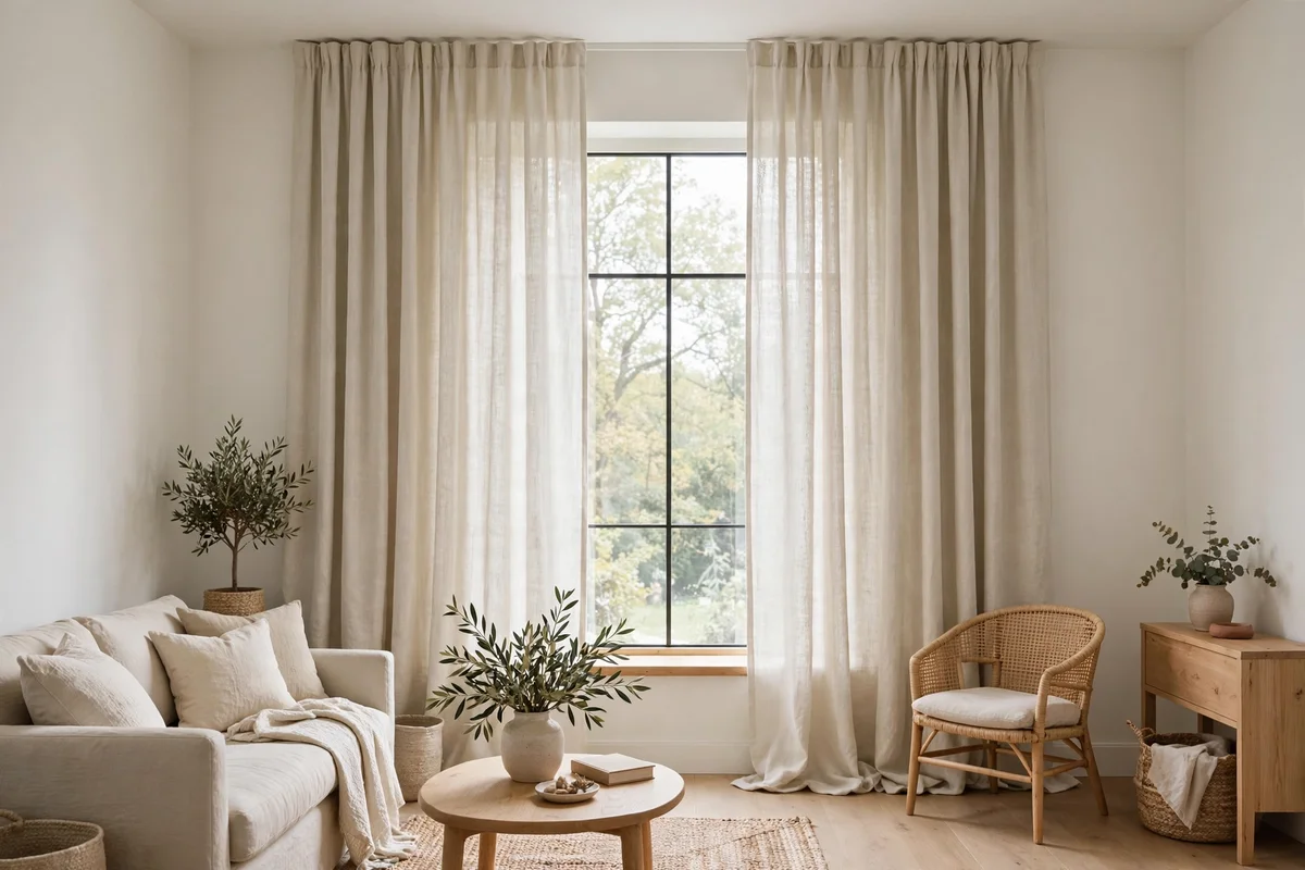 Bright small living room with floor-length linen curtains hung high and wide framing a window