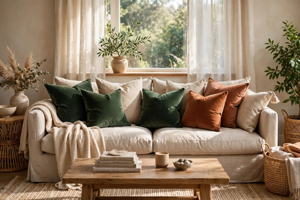 Inviting sofa styled with plump full throw pillows in linen and velvet textures