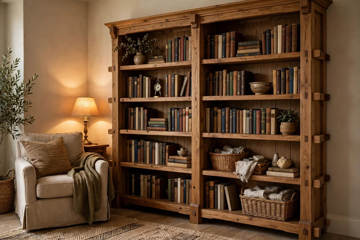 Durable solid wood bookshelf filled with books in a cozy reading corner