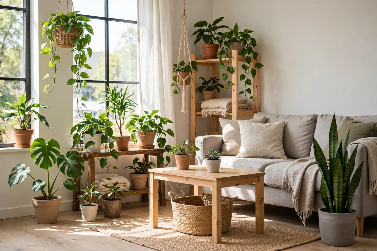 Vibrant living room filled with affordable houseplants in simple pots bringing life to the space