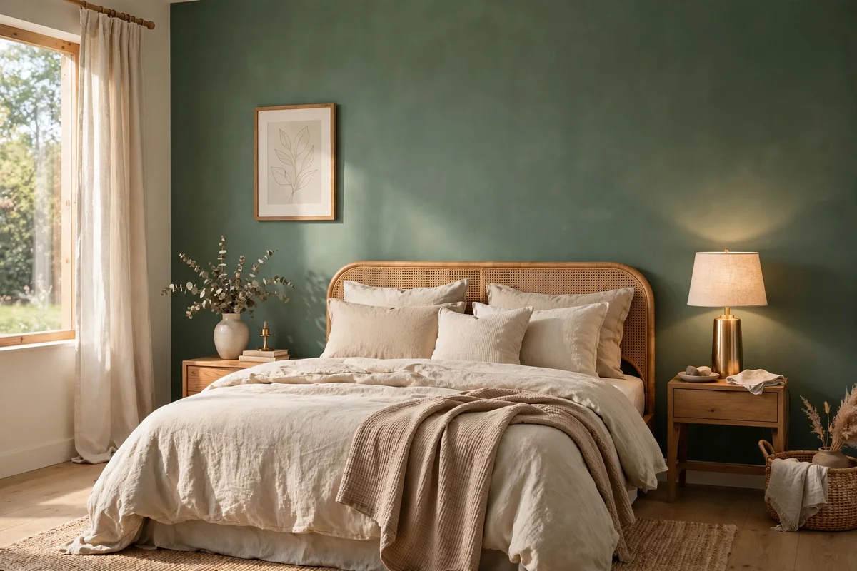 Bedroom wall painted in rich matte sage green with a soft premium eggshell finish