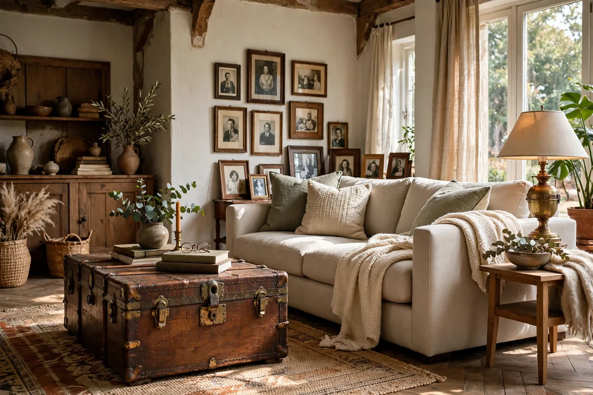 Characterful living room blending old heirloom trunk with a new sofa, layered and warm