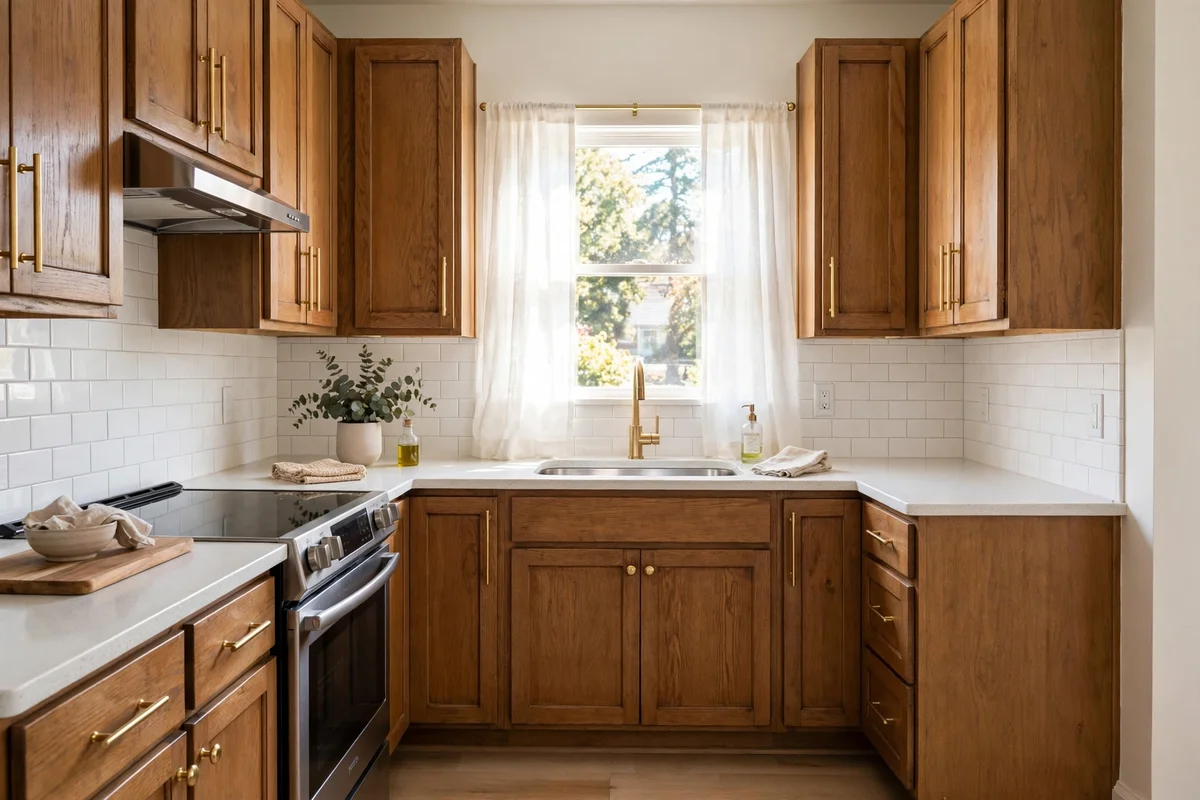 Small kitchen with dated cabinets transformed by elegant new brass bar pulls
