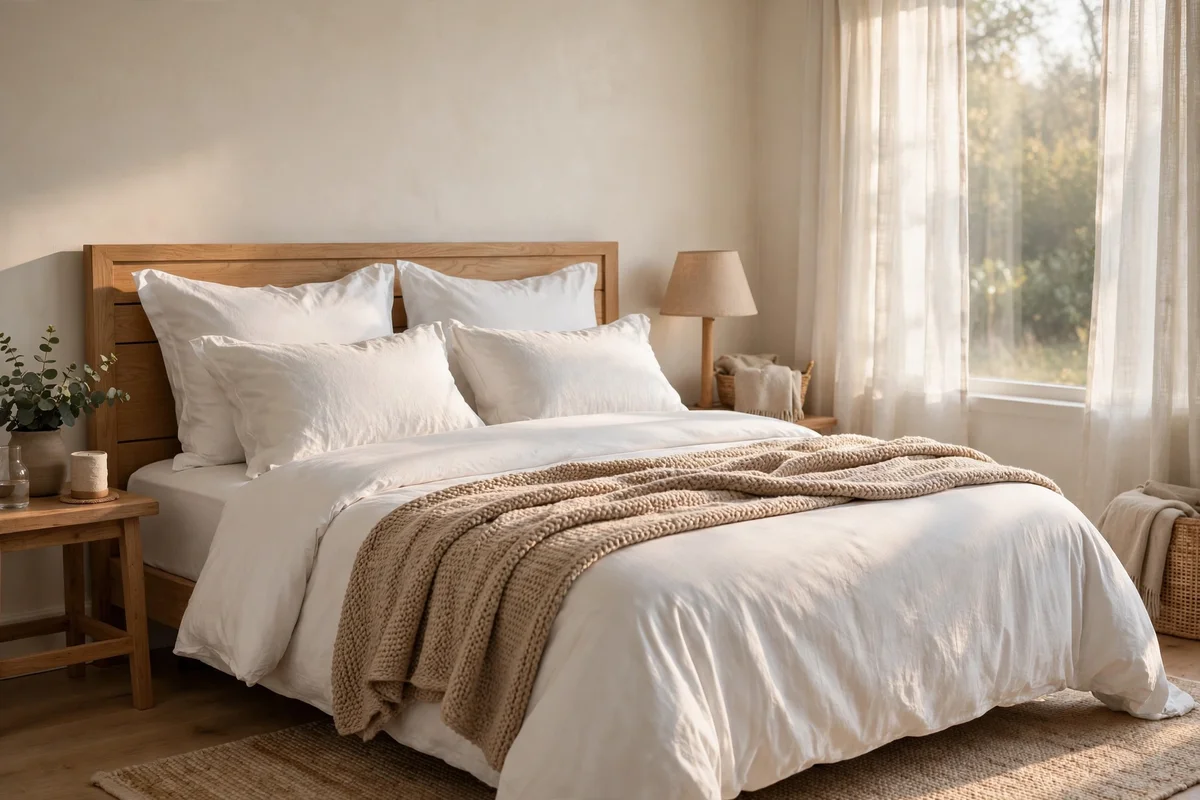 Luxurious layered bed with white cotton duvet and textured throw looking hotel-quality