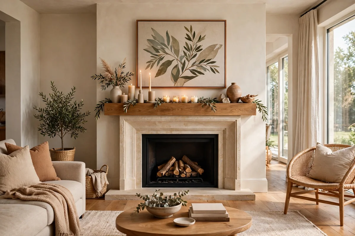Living room with a strong focal point, styled fireplace mantel with art and candles