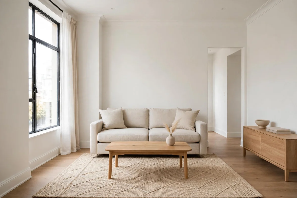 Well-furnished small apartment living room with quality sofa and rug as solid foundation