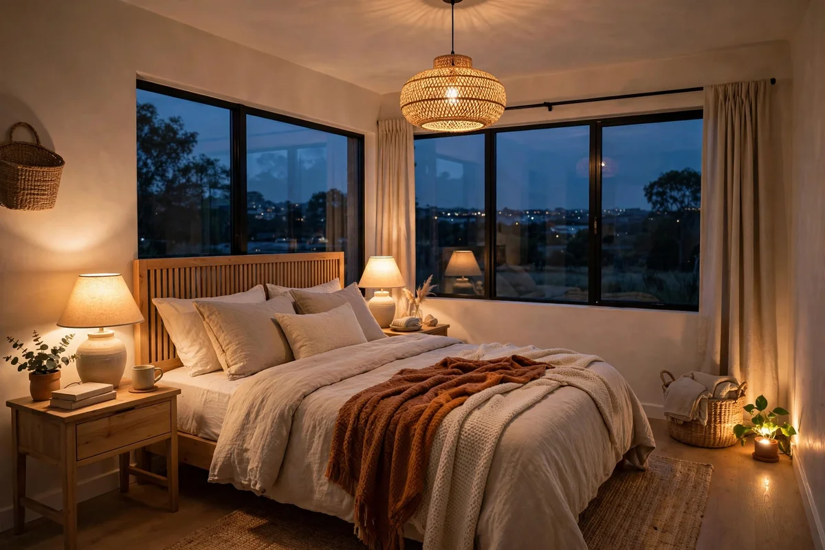 Bedroom in the evening with three layers of warm light from affordable lamps