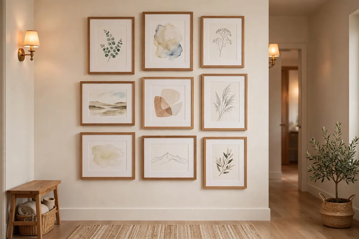 Elegant gallery wall with solid wood frames and crisp white mats looking professional