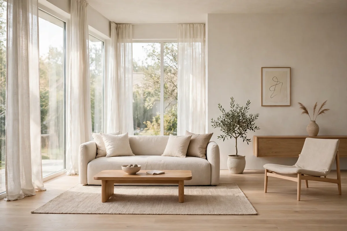 Beautifully edited minimalist living room with breathing room around a few chosen pieces